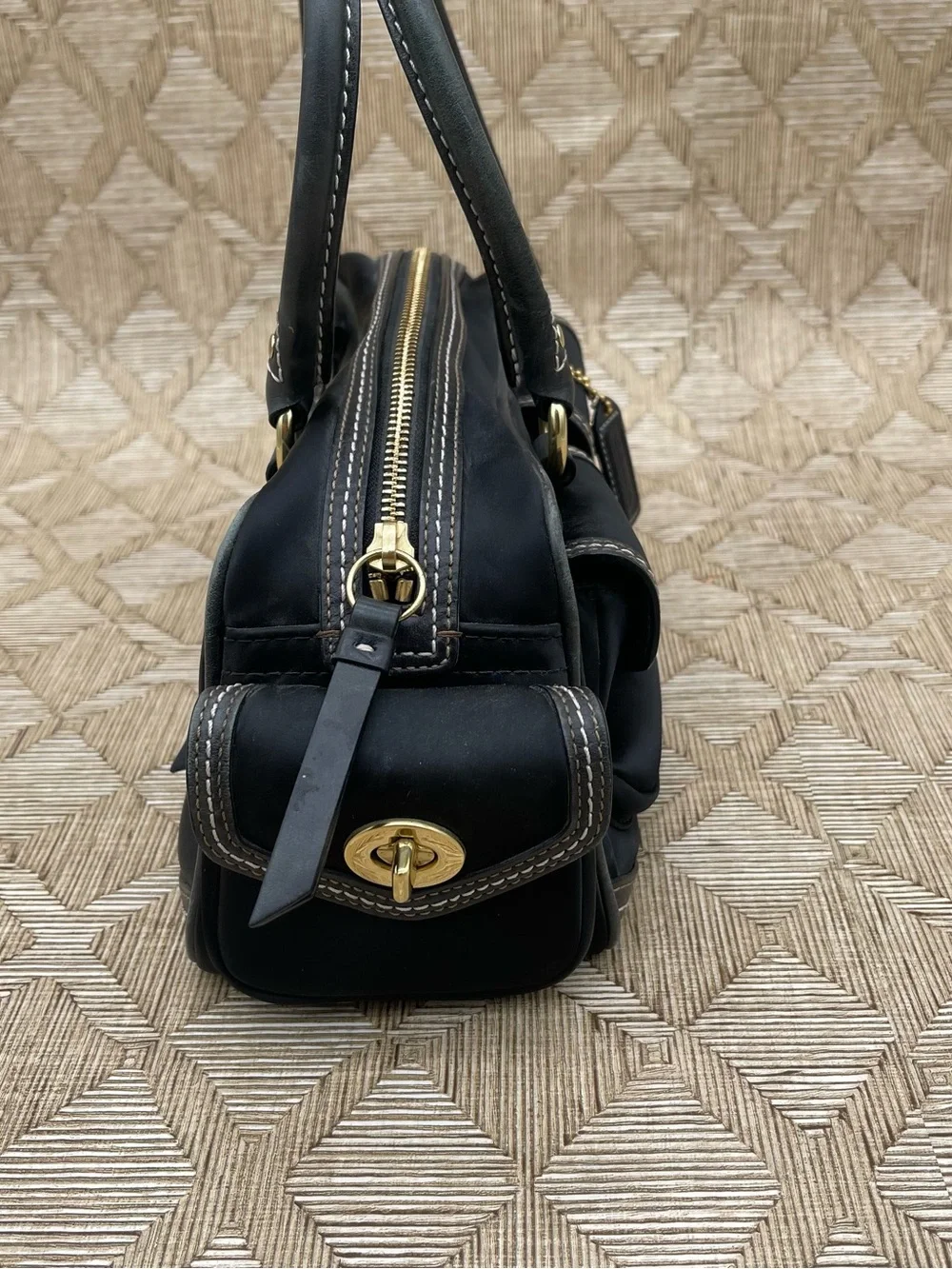 Vtg COACH Y2K Legacy Turnlock Blk Leather & Nylon Mini Boston Satchel Bag 4452